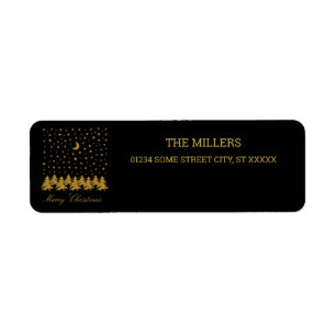Sparkly gold Christmas tree, moon, stars on black Return Address Label
