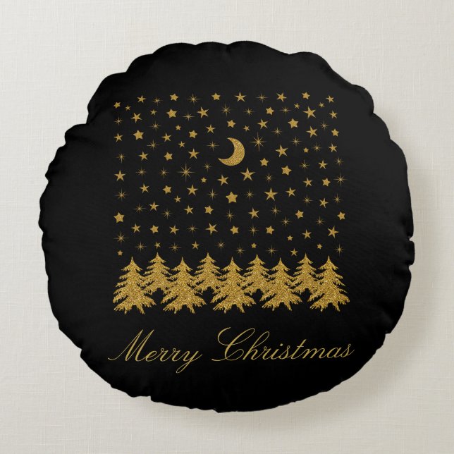 Sparkly gold Christmas tree, moon, stars on black Round Cushion (Front)