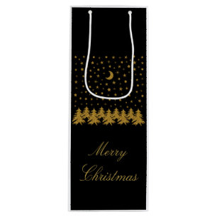 Sparkly gold Christmas tree, moon, stars on black Wine Gift Bag