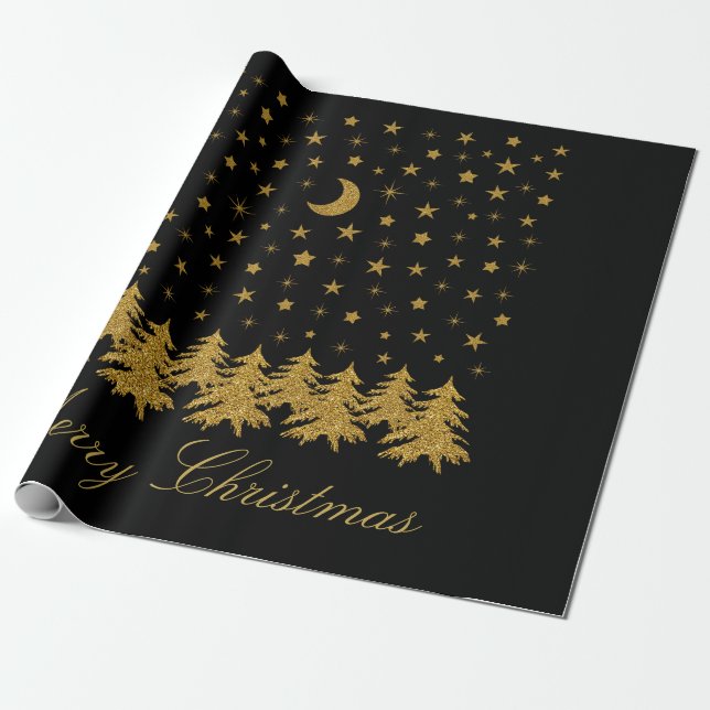 Sparkly gold Christmas tree, moon, stars on black Wrapping Paper (Unrolled)
