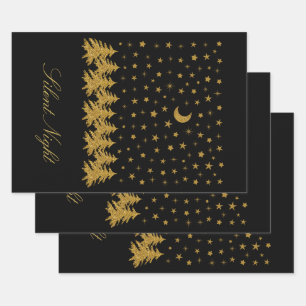 Sparkly gold Christmas tree, moon, stars on black Wrapping Paper Sheet