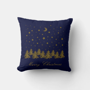 Sparkly gold Christmas tree, moon, stars on blue Cushion