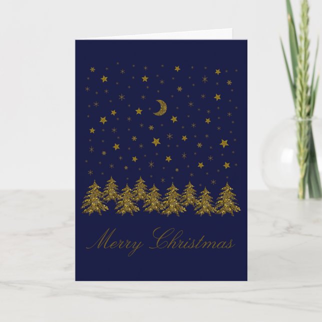 Sparkly gold Christmas tree, moon, stars on blue Holiday Card (Front)