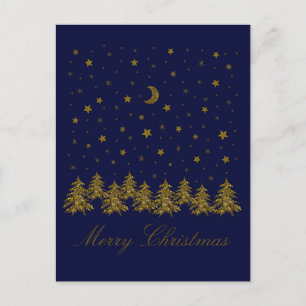 Sparkly gold Christmas tree, moon, stars on blue Holiday Postcard