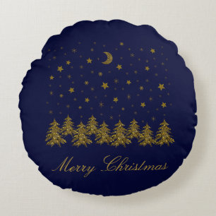 Sparkly gold Christmas tree, moon, stars on blue Round Cushion