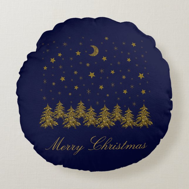 Sparkly gold Christmas tree, moon, stars on blue Round Cushion (Front)