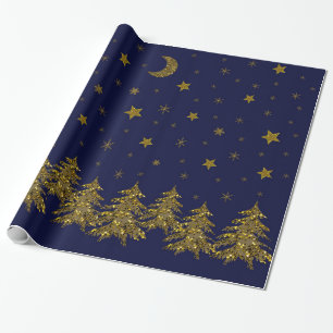 Sparkly gold Christmas tree, moon, stars on blue Wrapping Paper