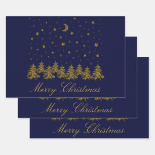 Sparkly gold Christmas tree, moon, stars on blue Wrapping Paper Sheet