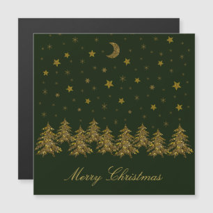 Sparkly gold Christmas tree, moon, stars on green