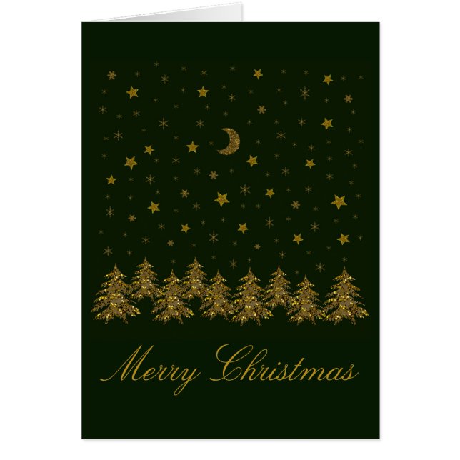 Sparkly gold Christmas tree, moon, stars on green (Front)
