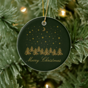 Sparkly gold Christmas tree, moon, stars on green Ceramic Ornament