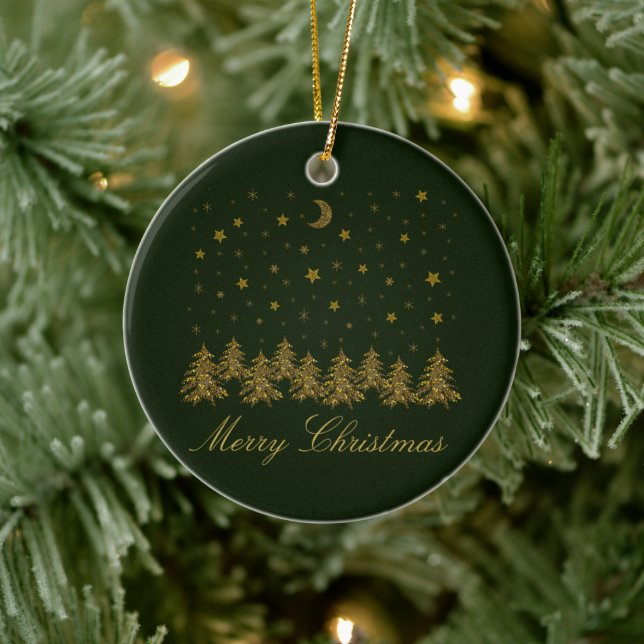 Sparkly gold Christmas tree, moon, stars on green Ceramic Ornament (Tree)