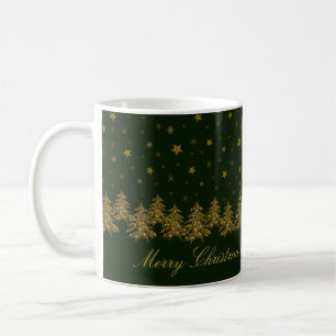 Sparkly gold Christmas tree, moon, stars on green Coffee Mug