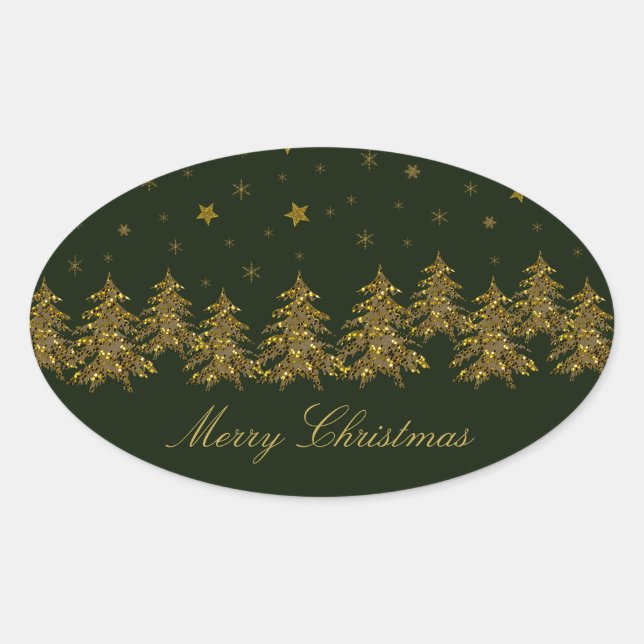 Sparkly gold Christmas tree, moon, stars on green Oval Sticker (Front)