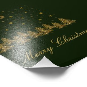 Sparkly gold Christmas tree, moon, stars on green Photo Print