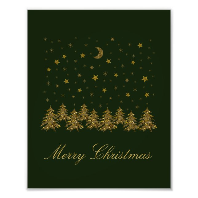 Sparkly gold Christmas tree, moon, stars on green Photo Print (Front)