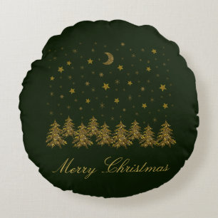 Sparkly gold Christmas tree, moon, stars on green Round Cushion