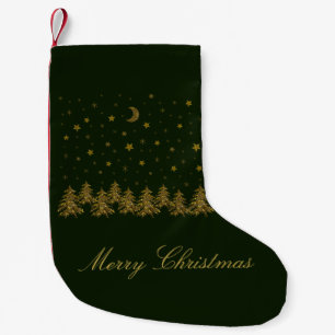 Sparkly gold Christmas tree, moon, stars on green Small Christmas Stocking