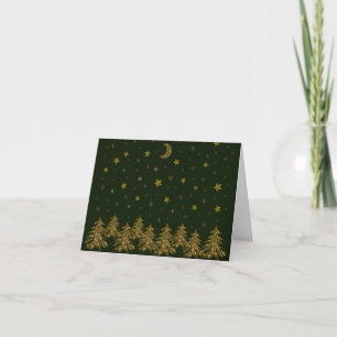 Sparkly gold Christmas tree, moon, stars on green Thank You Card