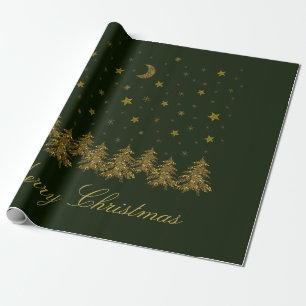 Sparkly gold Christmas tree, moon, stars on green Wrapping Paper