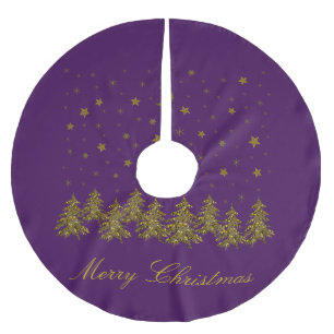 Sparkly gold Christmas tree, moon, stars on purple Brushed Polyester Tree Skirt