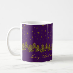 Sparkly gold Christmas tree, moon, stars on purple Coffee Mug
