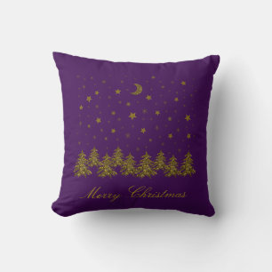 Sparkly gold Christmas tree, moon, stars on purple Cushion