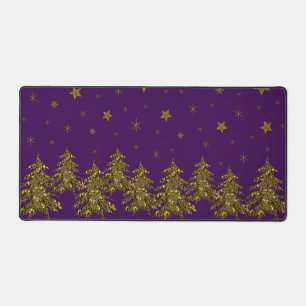 Sparkly gold Christmas tree, moon, stars on purple Desk Mat