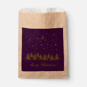 Sparkly gold Christmas tree, moon, stars on purple Favour Bag