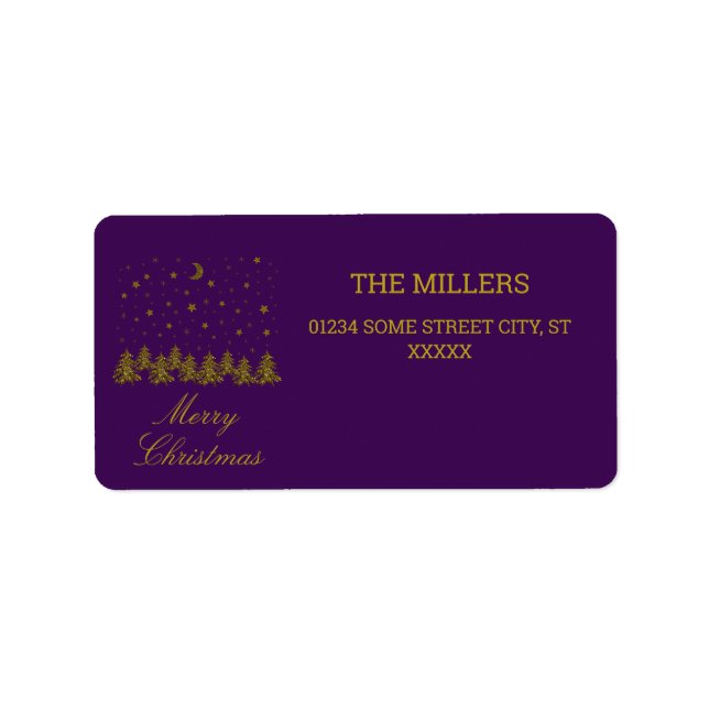 Sparkly gold Christmas tree, moon, stars on purple Label (Front)