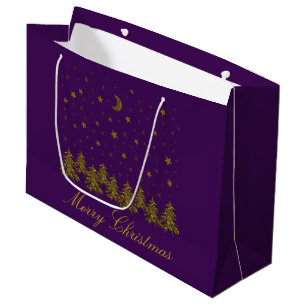 Sparkly gold Christmas tree, moon, stars on purple Large Gift Bag