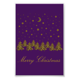 Sparkly gold Christmas tree, moon, stars on purple Photo Print