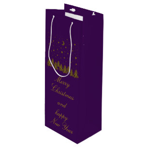 Sparkly gold Christmas tree, moon, stars on purple Wine Gift Bag