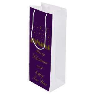 Sparkly gold Christmas tree, moon, stars on purple Wine Gift Bag