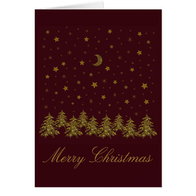 Sparkly gold Christmas tree, moon, stars on red (Front)
