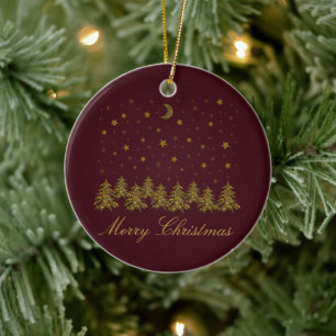 Sparkly gold Christmas tree, moon, stars on red Ceramic Ornament