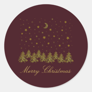 Sparkly gold Christmas tree, moon, stars on red Classic Round Sticker