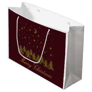 Sparkly gold Christmas tree, moon, stars on red Large Gift Bag
