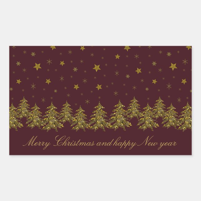 Sparkly gold Christmas tree, moon, stars on red Rectangular Sticker (Front)