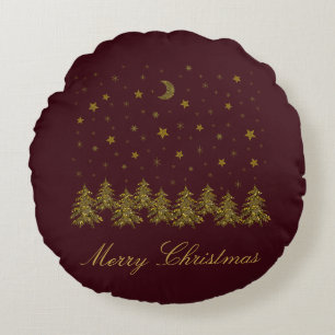 Sparkly gold Christmas tree, moon, stars on red Round Cushion