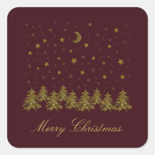 Sparkly gold Christmas tree, moon, stars on red Square Sticker
