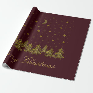 Sparkly gold Christmas tree, moon, stars on red Wrapping Paper
