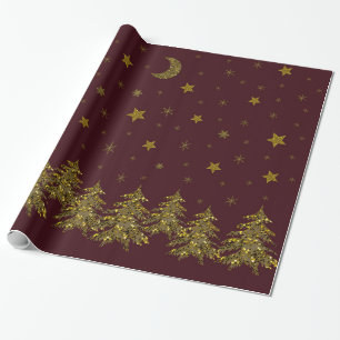 Sparkly gold Christmas tree, moon, stars on red Wrapping Paper