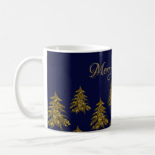 Sparkly gold Christmas tree on blue Christmas Coffee Mug