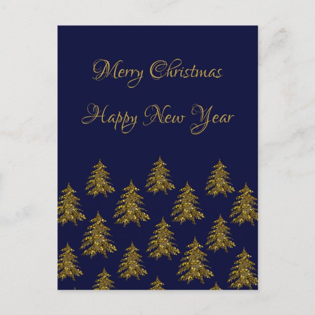 Sparkly gold Christmas tree on blue Christmas Holiday Postcard (Front)