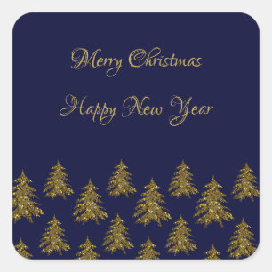 Sparkly gold Christmas tree on blue Christmas Square Sticker