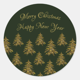 Sparkly gold Christmas tree on green Christmas Classic Round Sticker