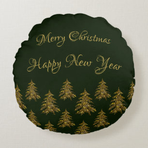 Sparkly gold Christmas tree on green Christmas Round Cushion