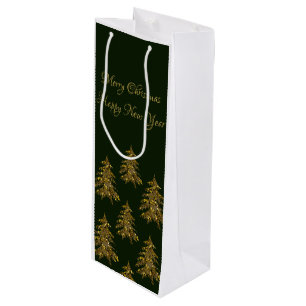Sparkly gold Christmas tree on green Christmas Wine Gift Bag