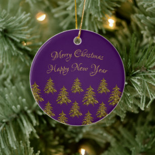 Sparkly gold Christmas tree on purple Christmas Ceramic Ornament